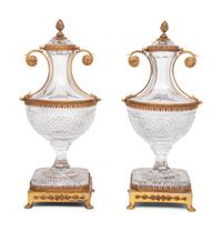 A Pair of Gilt Metal Mounted Cut Gass Urns