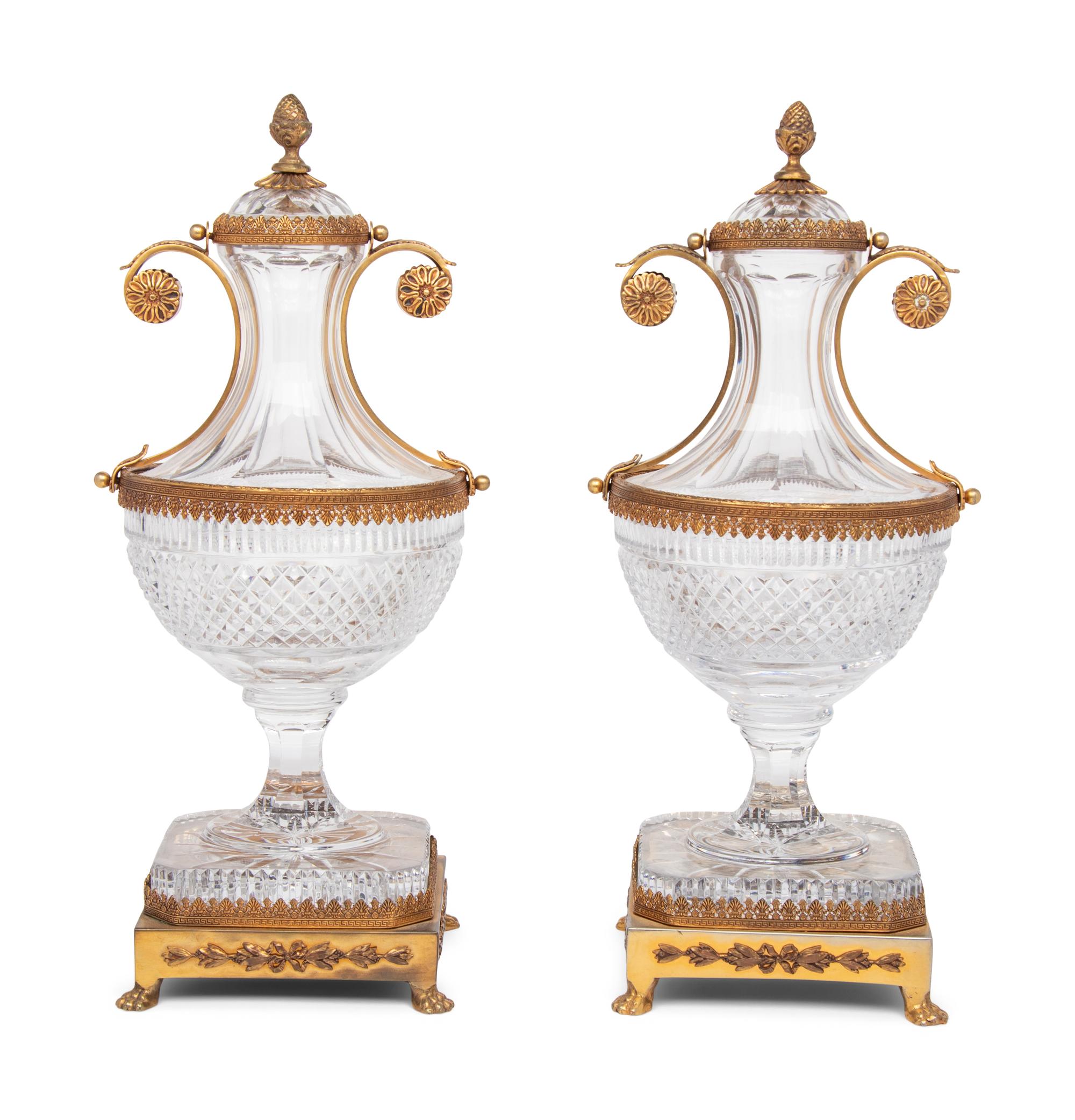 A Pair of Gilt Metal Mounted Cut Gass Urns