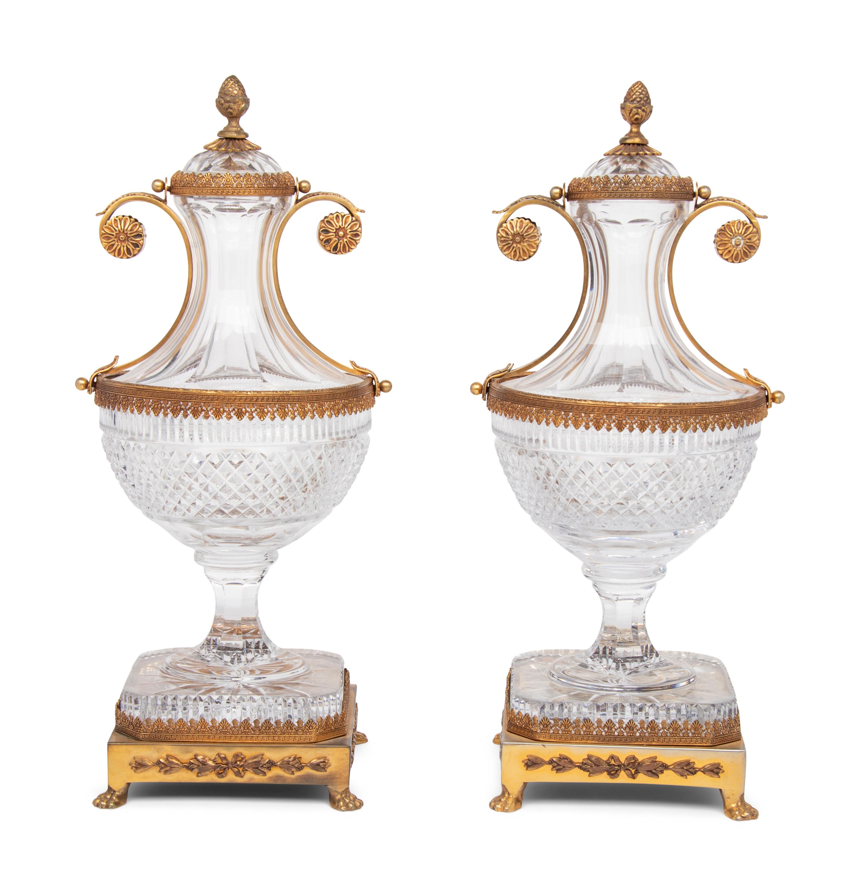 A Pair of Gilt Metal Mounted Cut Gass Urns