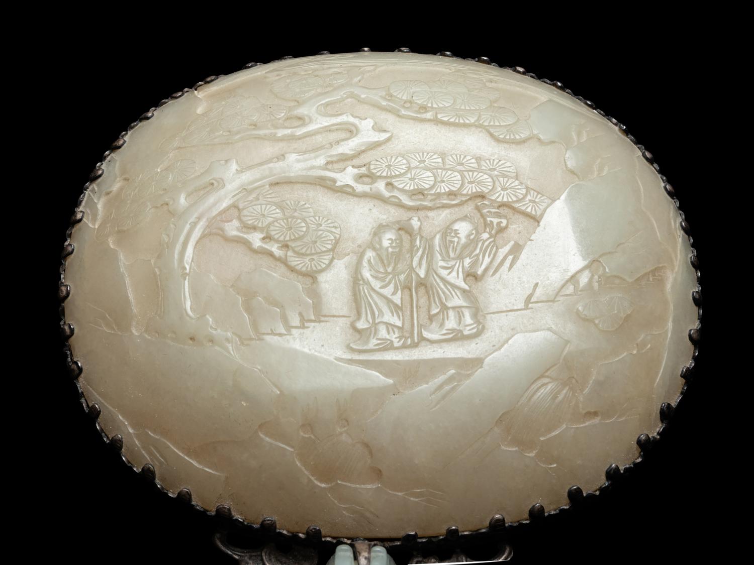 A White and Celadon Jade Mounted Silver Hand Mirror
