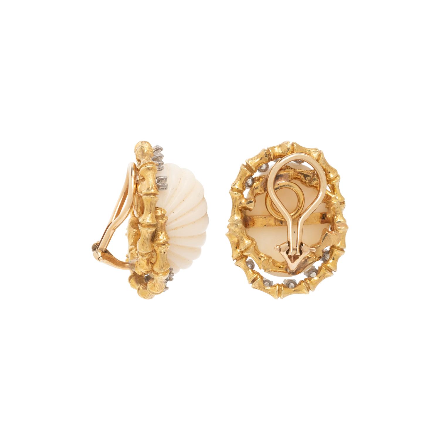 YELLOW GOLD, WHITE CORAL AND DIAMOND CLIP EARRINGS