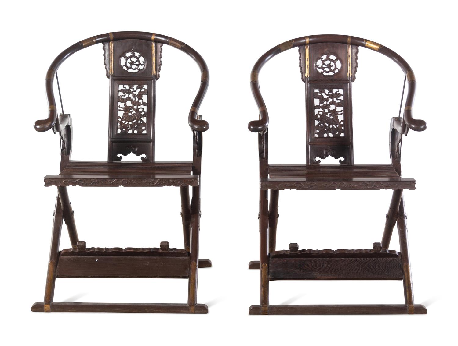 A Pair of Chinese Hardwood Traveling Armchairs, Jiaoyi