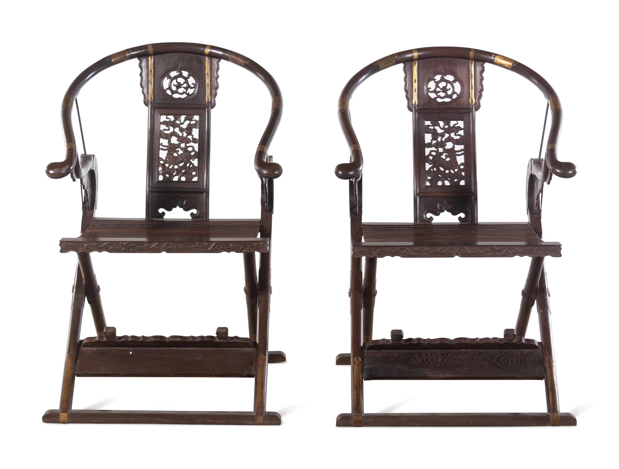 A Pair of Chinese Hardwood Traveling Armchairs, Jiaoyi