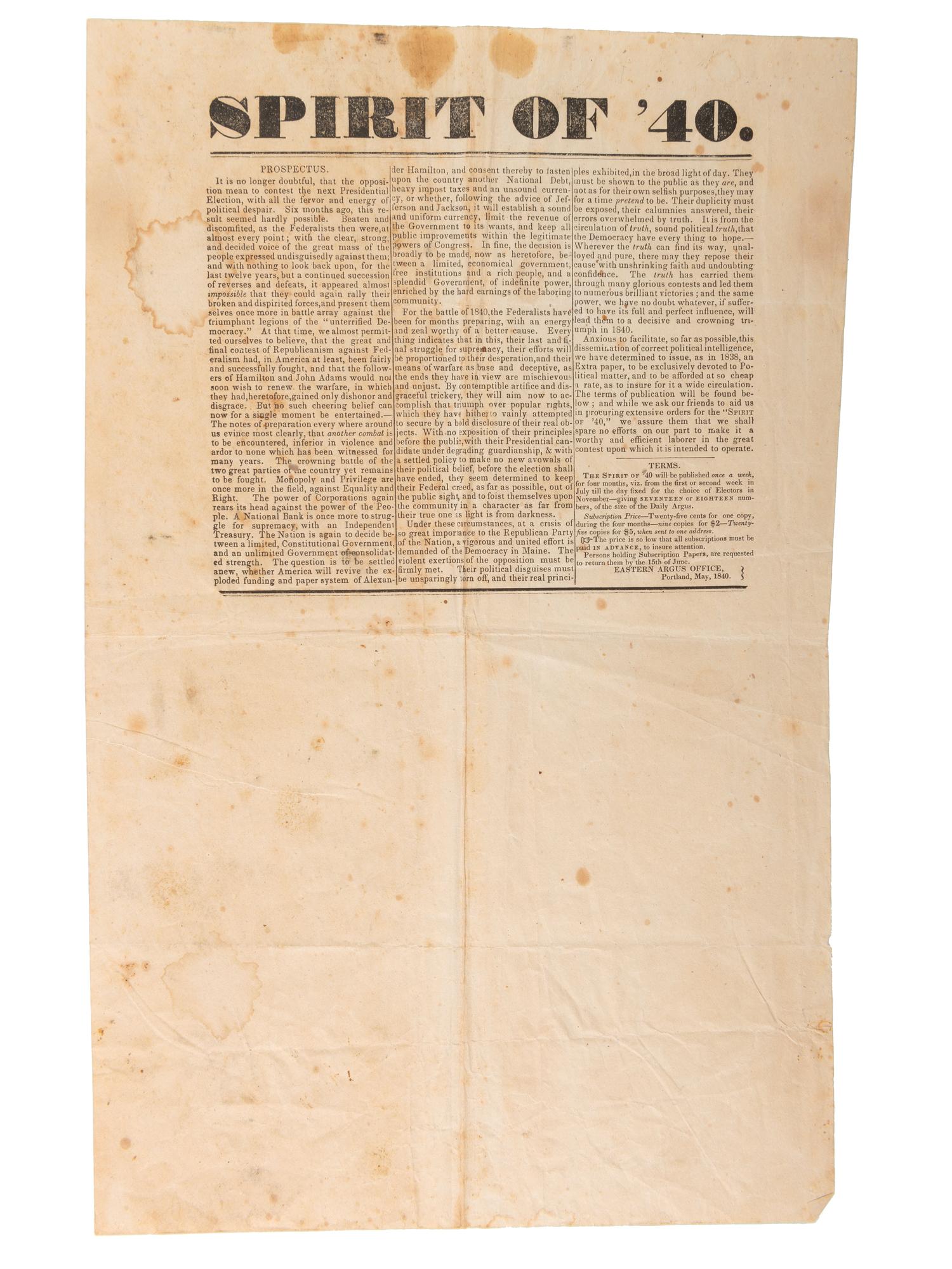 [HARRISON, William Henry]. Lithograph, sheet music, and other ephemera related to William Henry Harrison and the Whig party, comprising: