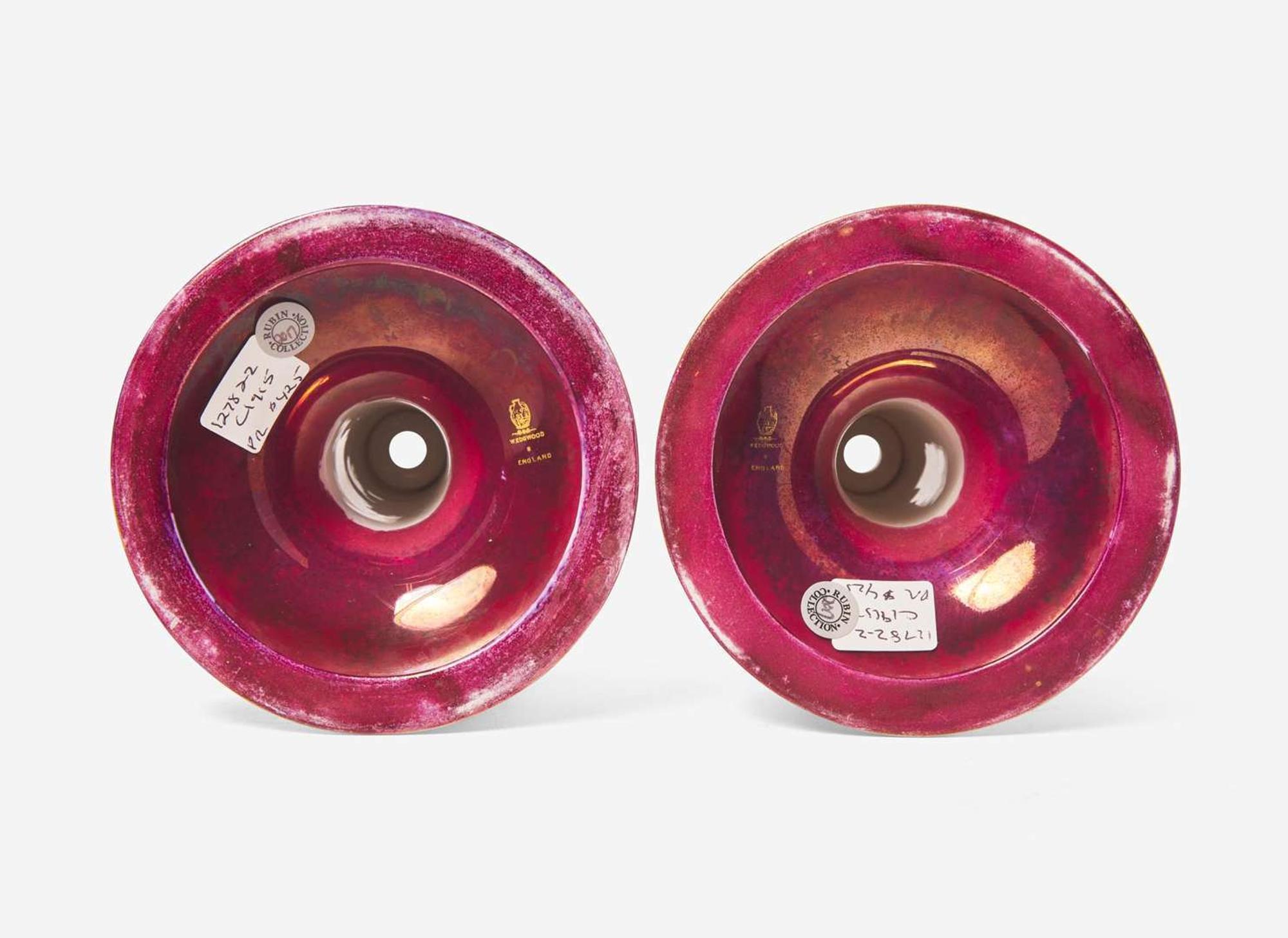 A Pair of Wedgwood Ruby Dragon Lustre Candlesticks, UK, circa 1915