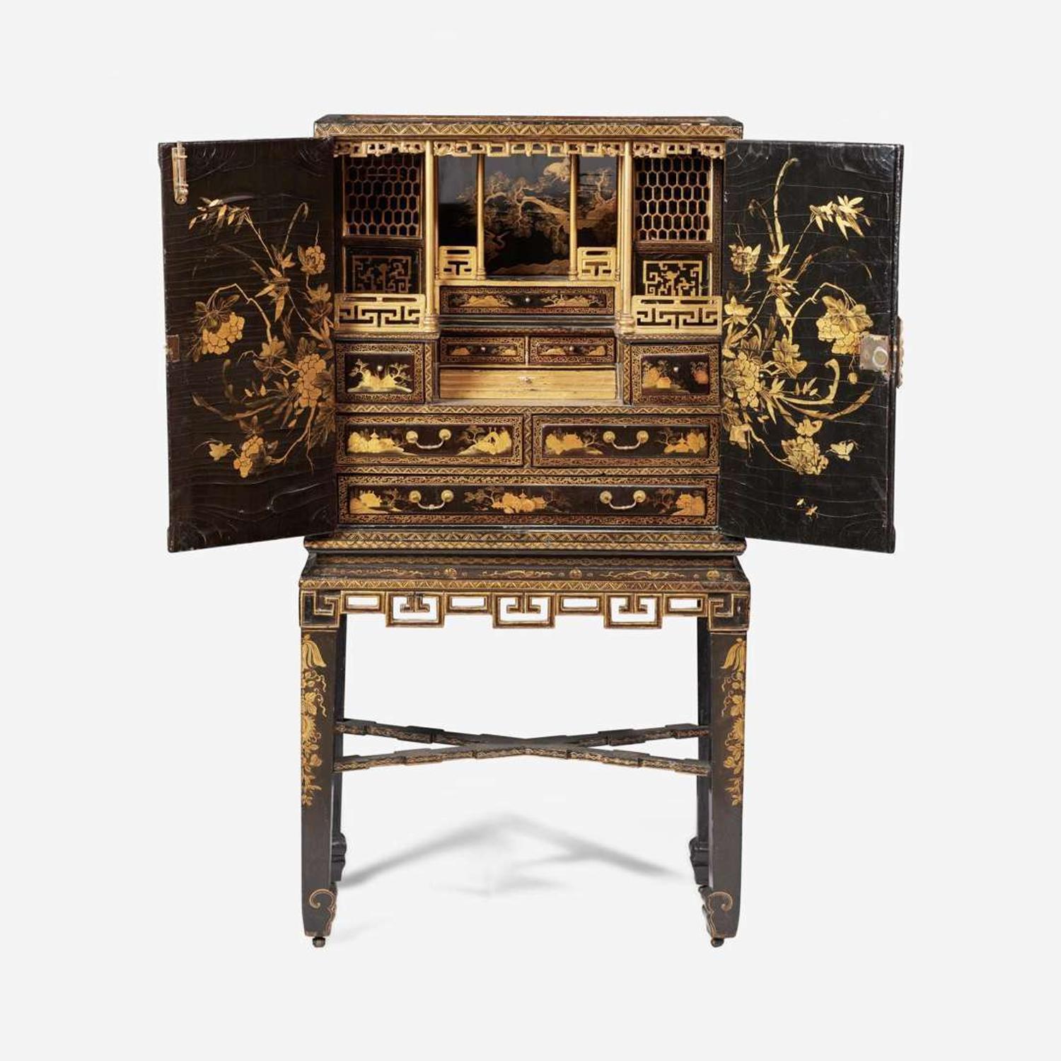 A Chinese Export gilt-decorated black lacquer cabinet-on-stand circa 1750