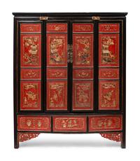 A Chinese Export Parcel Gilt and Red Lacquered Cabinet