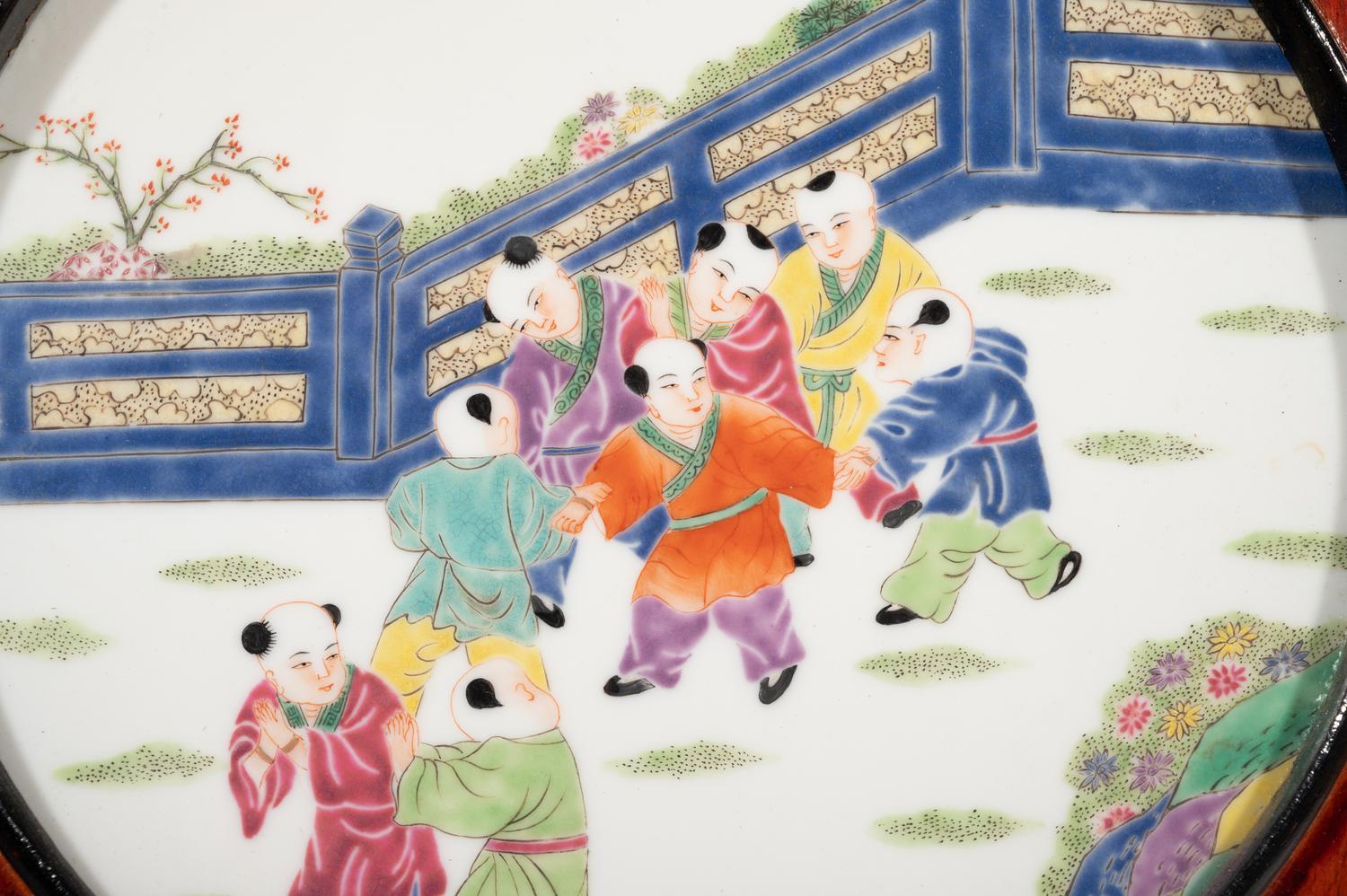A Set of Four Chinese Famille Rose Porcelain Inset Hardwood Hanging Screens
