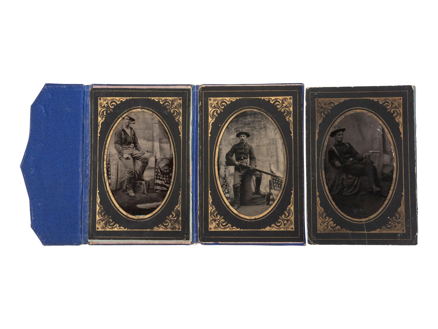[EARLY PHOTOGRAPHY - TINTYPES]. A group of 5 tintypes with western, military, and patriotic themes.