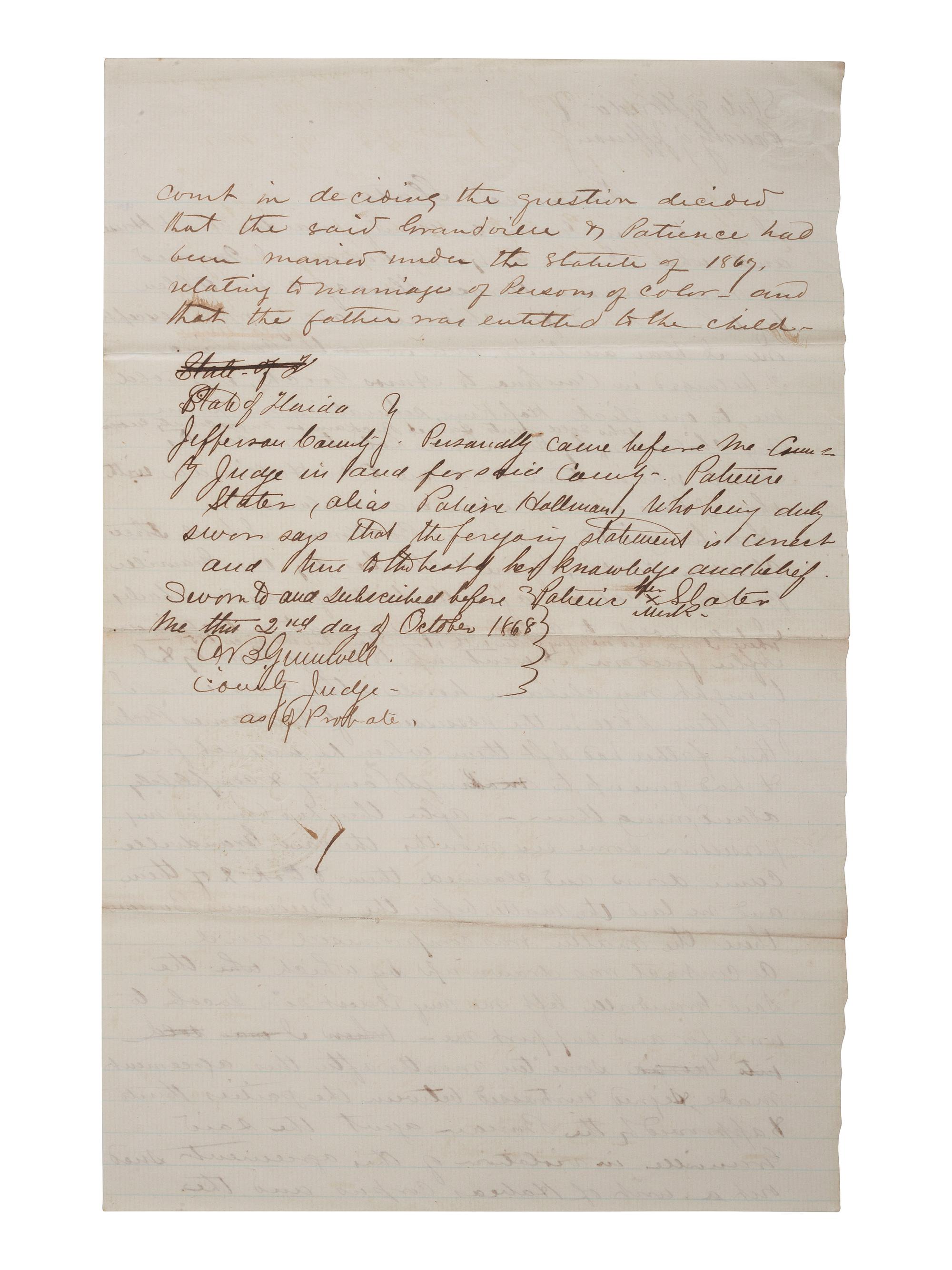 [SLAVERY & ABOLITION]. SLATER, Patience. Document signed by formerly enslaved woman detailing her personal history. Jefferson County, FL, 2 October 1868.