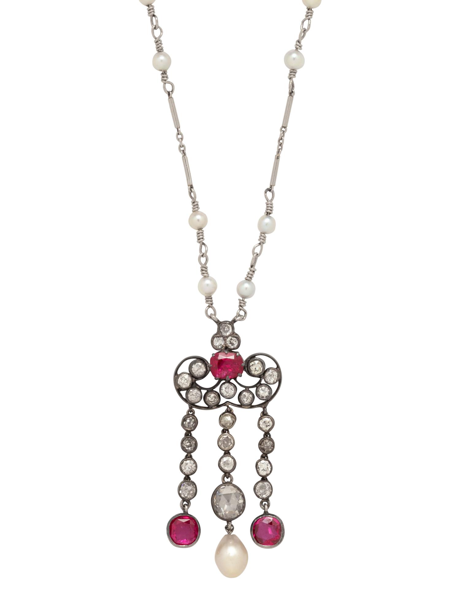 ANTIQUE, RUBY, DIAMOND AND PEARL NECKLACE