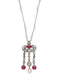 ANTIQUE, RUBY, DIAMOND AND PEARL NECKLACE