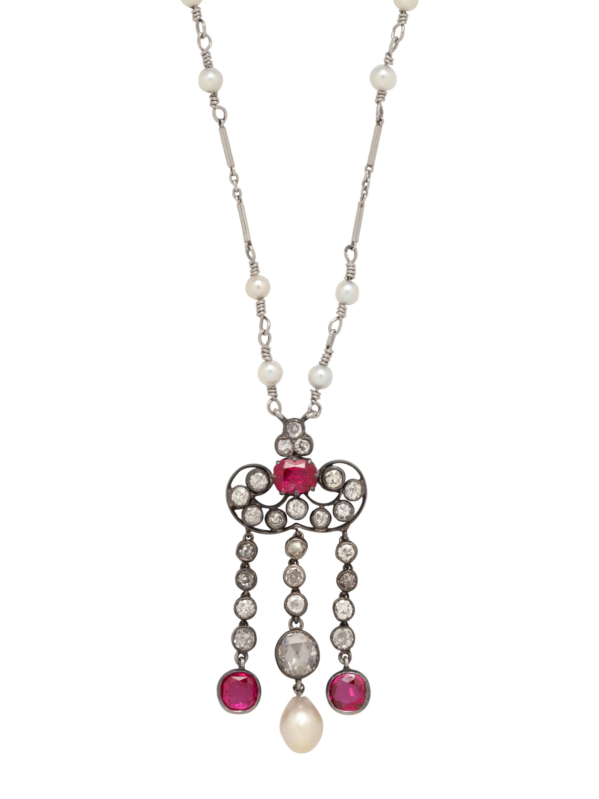 ANTIQUE, RUBY, DIAMOND AND PEARL NECKLACE