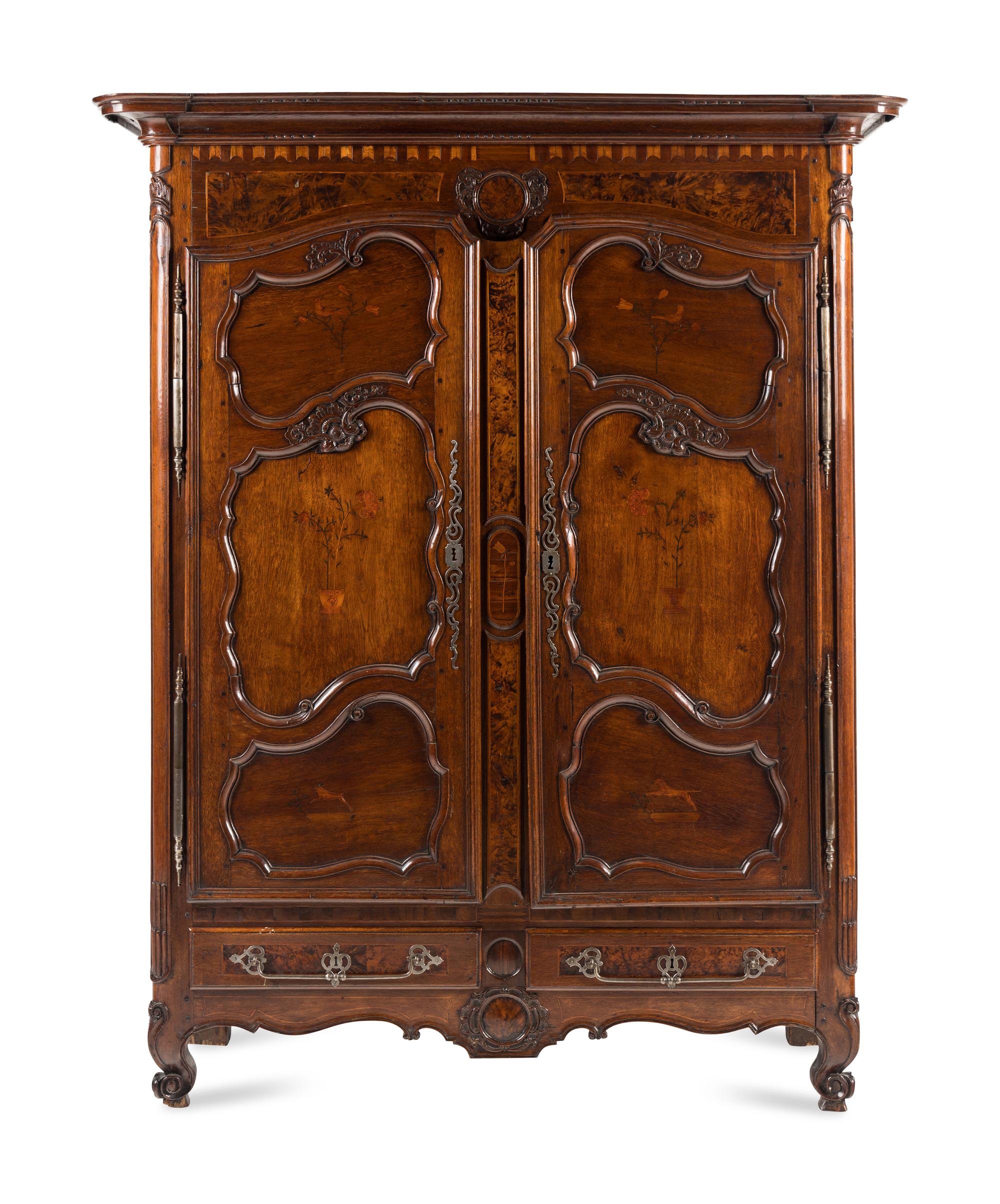 A Louis XV Walnut and Mulberry Marquetry Armoire