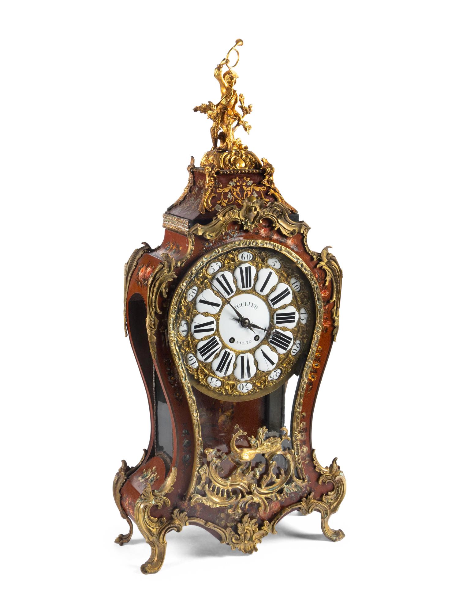 A Louis XV Style Gilt Bronze Mounted Painted Clock and Bracket