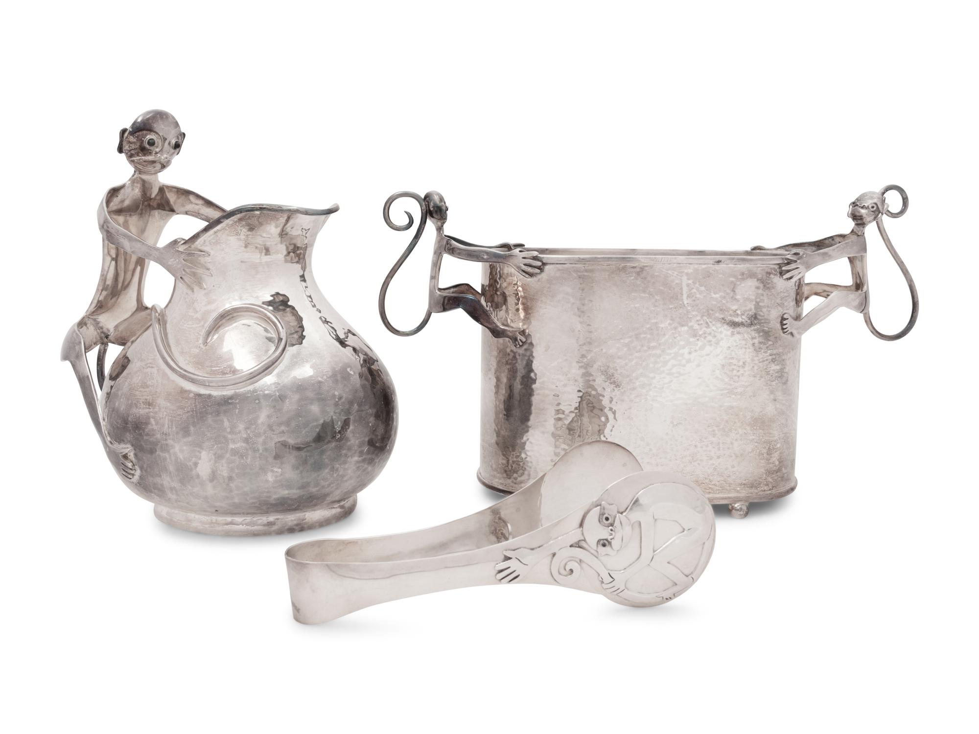 An Emilia Castillo Silver-Plate and Hardstone Inset Water Pitcher and Jardinière