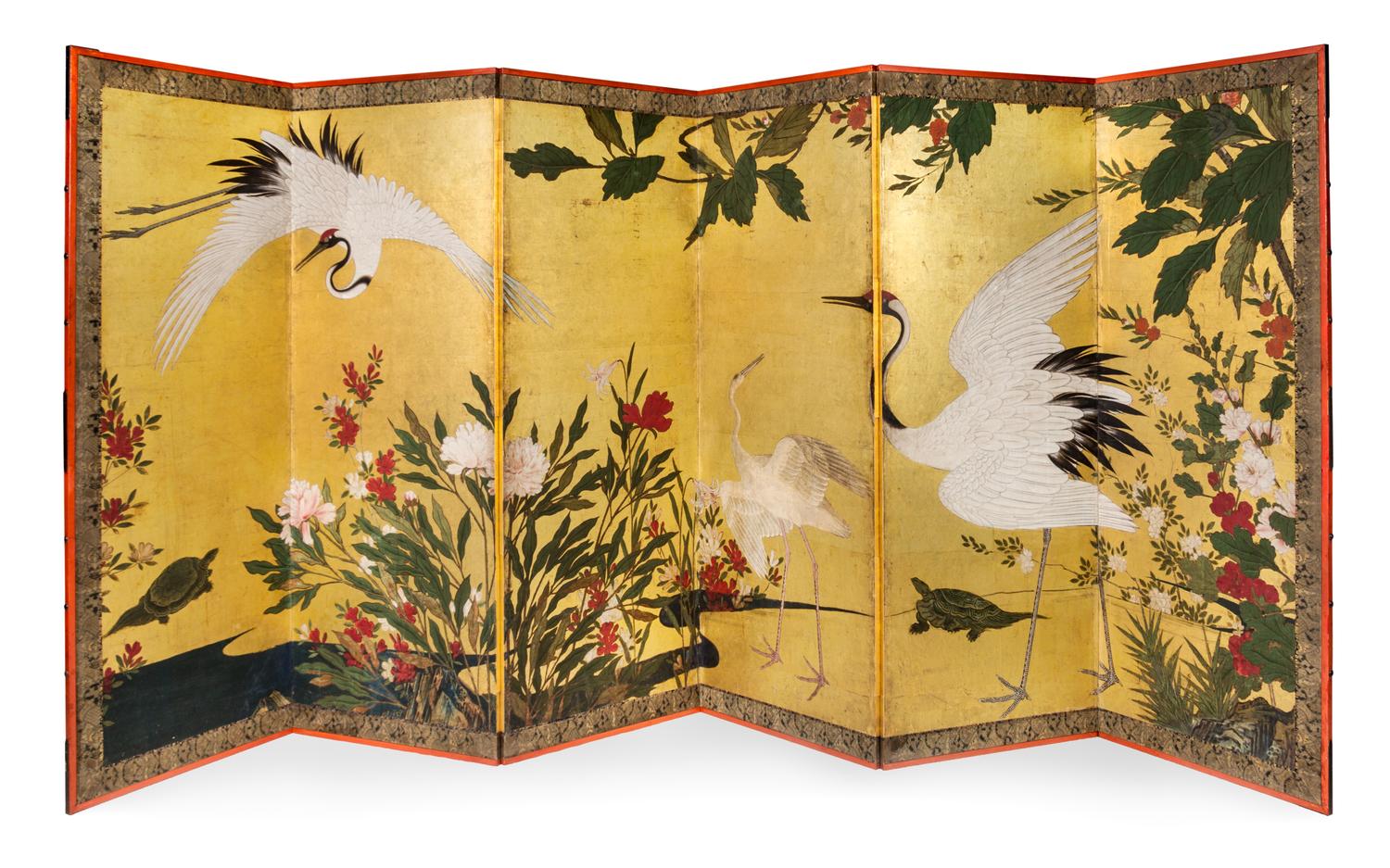 A Six-Panel Floor Screen, EDO PERIOD, 18TH CENTURY, Cranes and Peonies