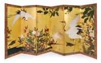 A Six-Panel Floor Screen, EDO PERIOD, 18TH CENTURY, Cranes and Peonies