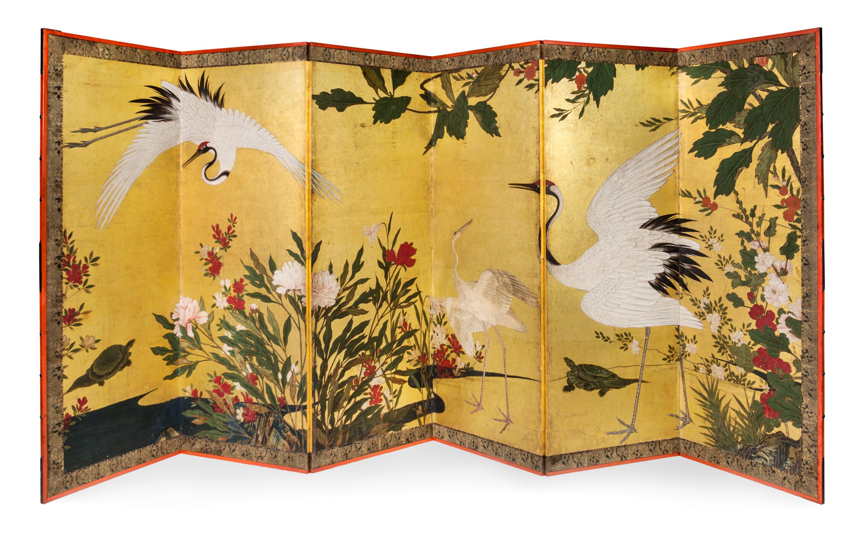 A Six-Panel Floor Screen, EDO PERIOD, 18TH CENTURY, Cranes and Peonies