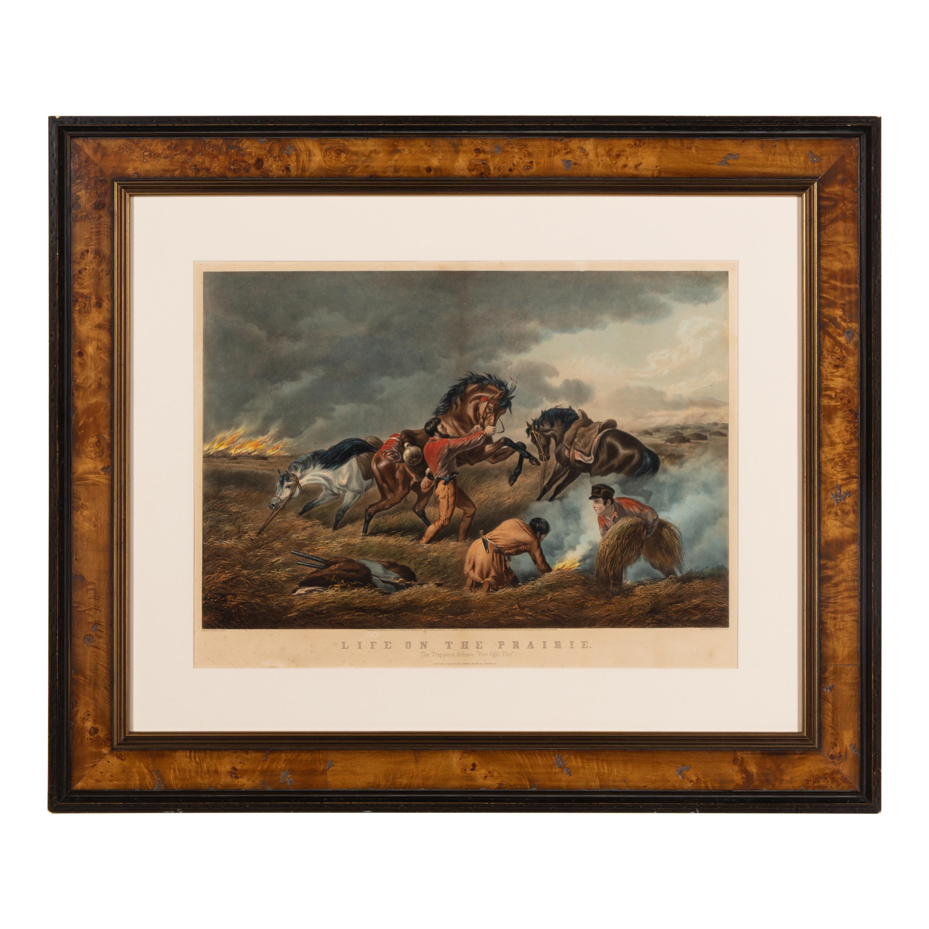 Currier and Ives, publishers -- After Arthur F. Tait Life on the Prairie: Trappers Defence, "Fire Fight Fire" , 1862. (G.3797)