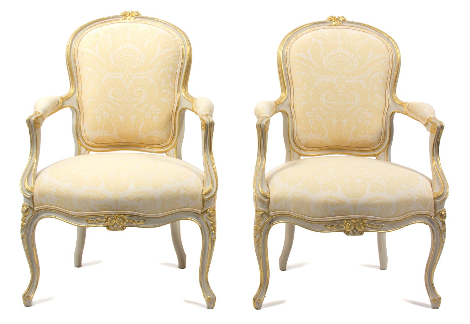 A Pair of Louis XV Style Painted Open Armchairs Height 34 1/2 x width 23 x depth 22 inches. — 20TH CENTURY