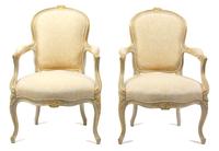 A Pair of Louis XV Style Painted Open Armchairs Height 34 1/2 x width 23 x depth 22 inches. — 20TH CENTURY