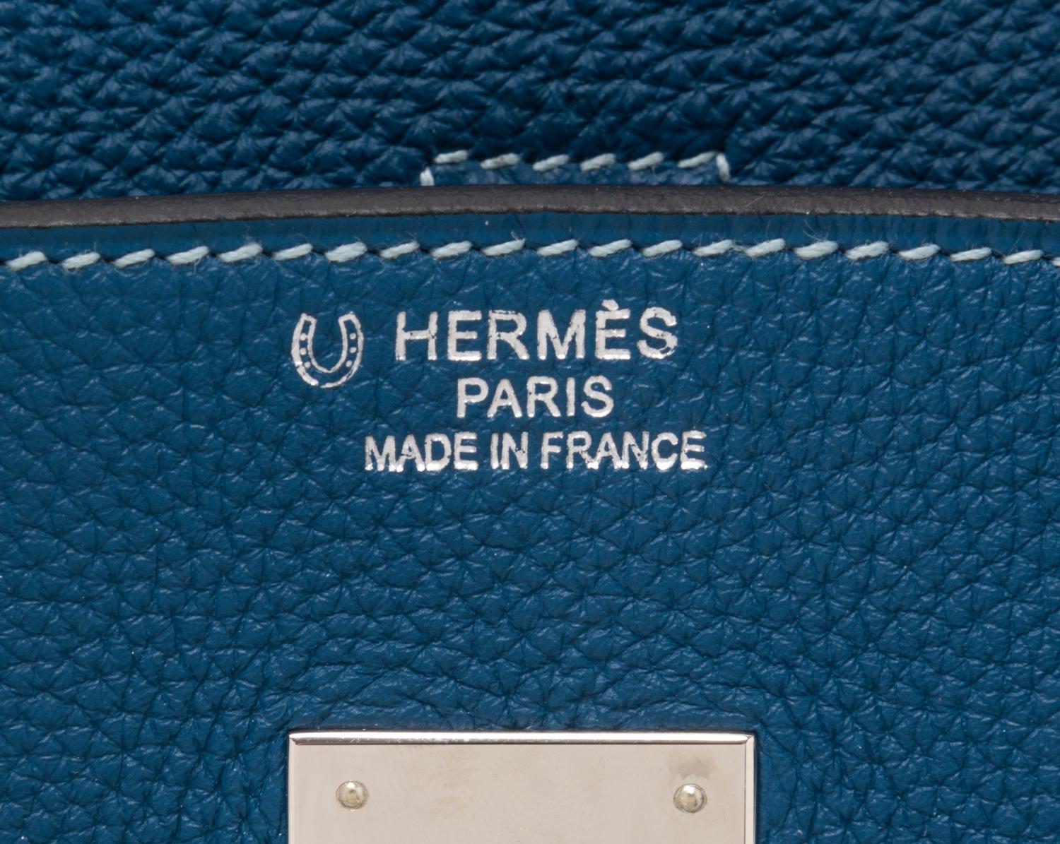 An Hermes Bleu Galice Togo 35cm Birkin Handbag, 14" x 10" x 7".