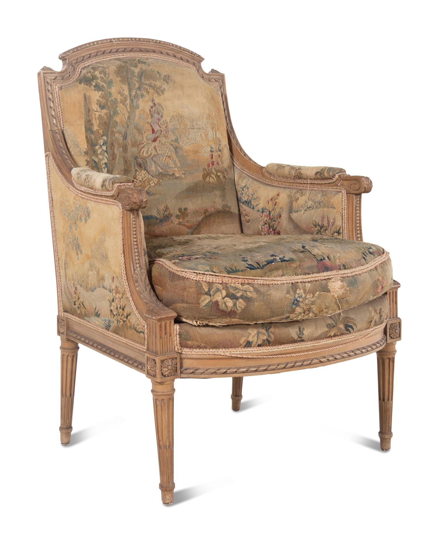 A Pair of Louis XVI Style Tapestry-Upholstered Bergères