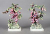 A Pair of Royal Worcester Dorothy Doughty Birds, Ruby-Throated Hummingbirds. Height 9 1/2 inches.