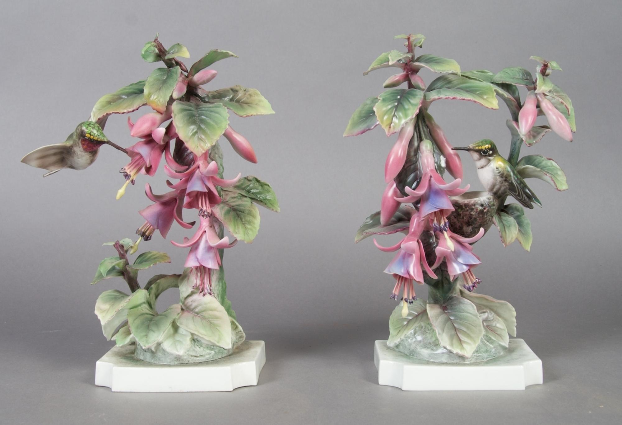 A Pair of Royal Worcester Dorothy Doughty Birds, Ruby-Throated Hummingbirds. Height 9 1/2 inches.