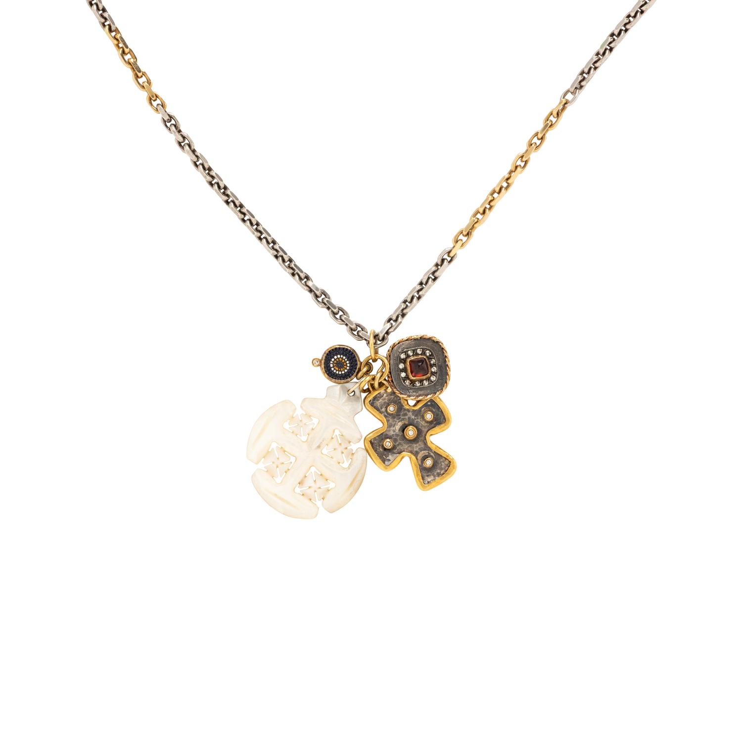 Silver, Yellow Gold, and Multigem Charm Necklace and Chatelaine