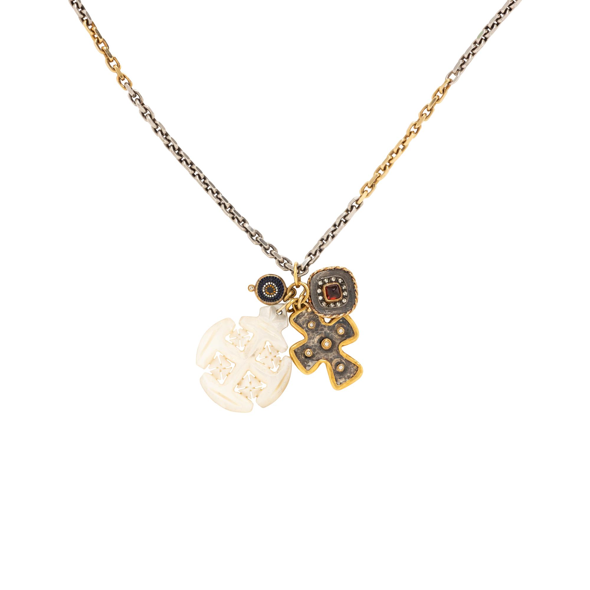 Silver, Yellow Gold, and Multigem Charm Necklace and Chatelaine