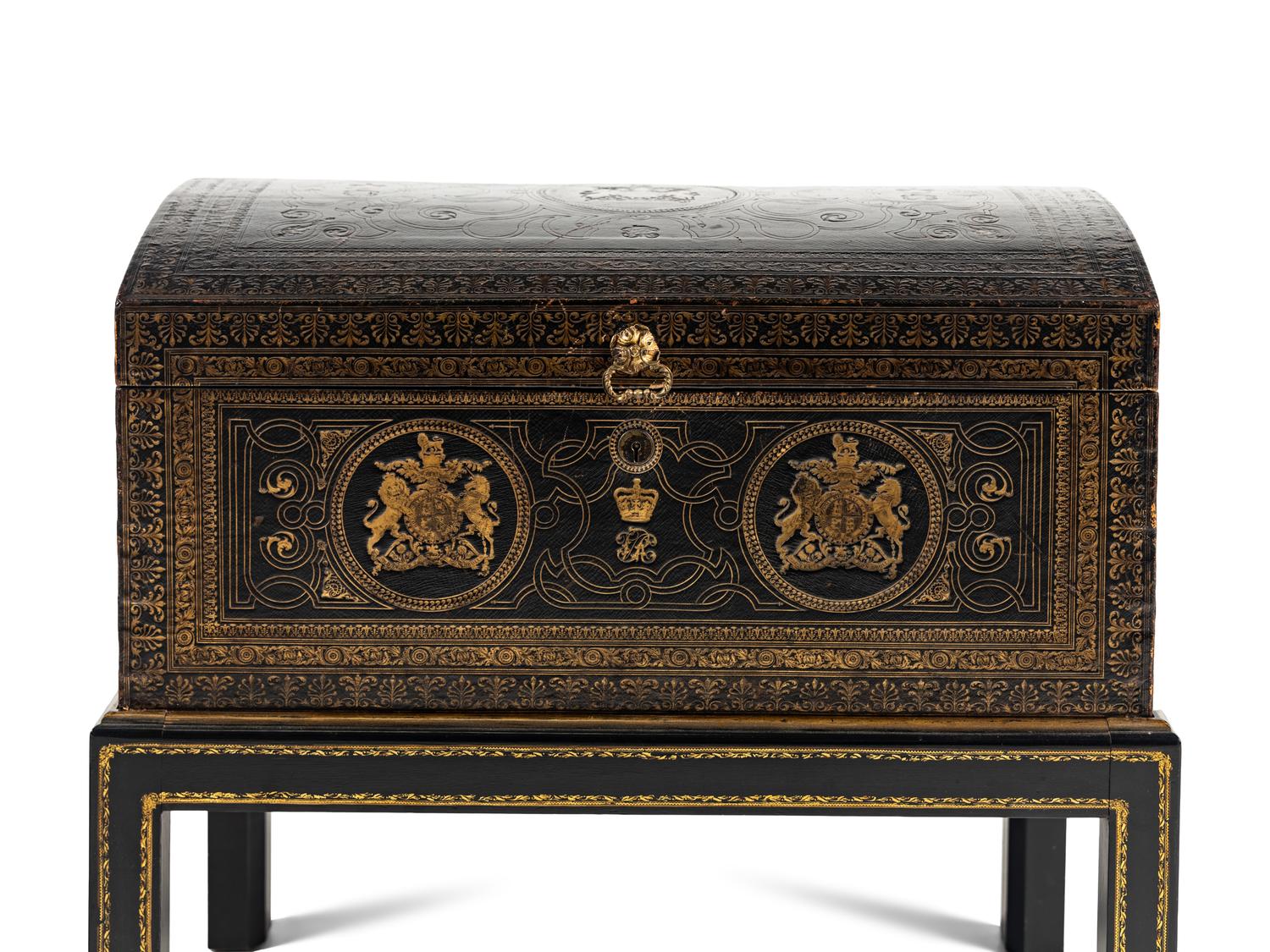An English Tooled Leather Chest on Stand of Parliamentary Interest
