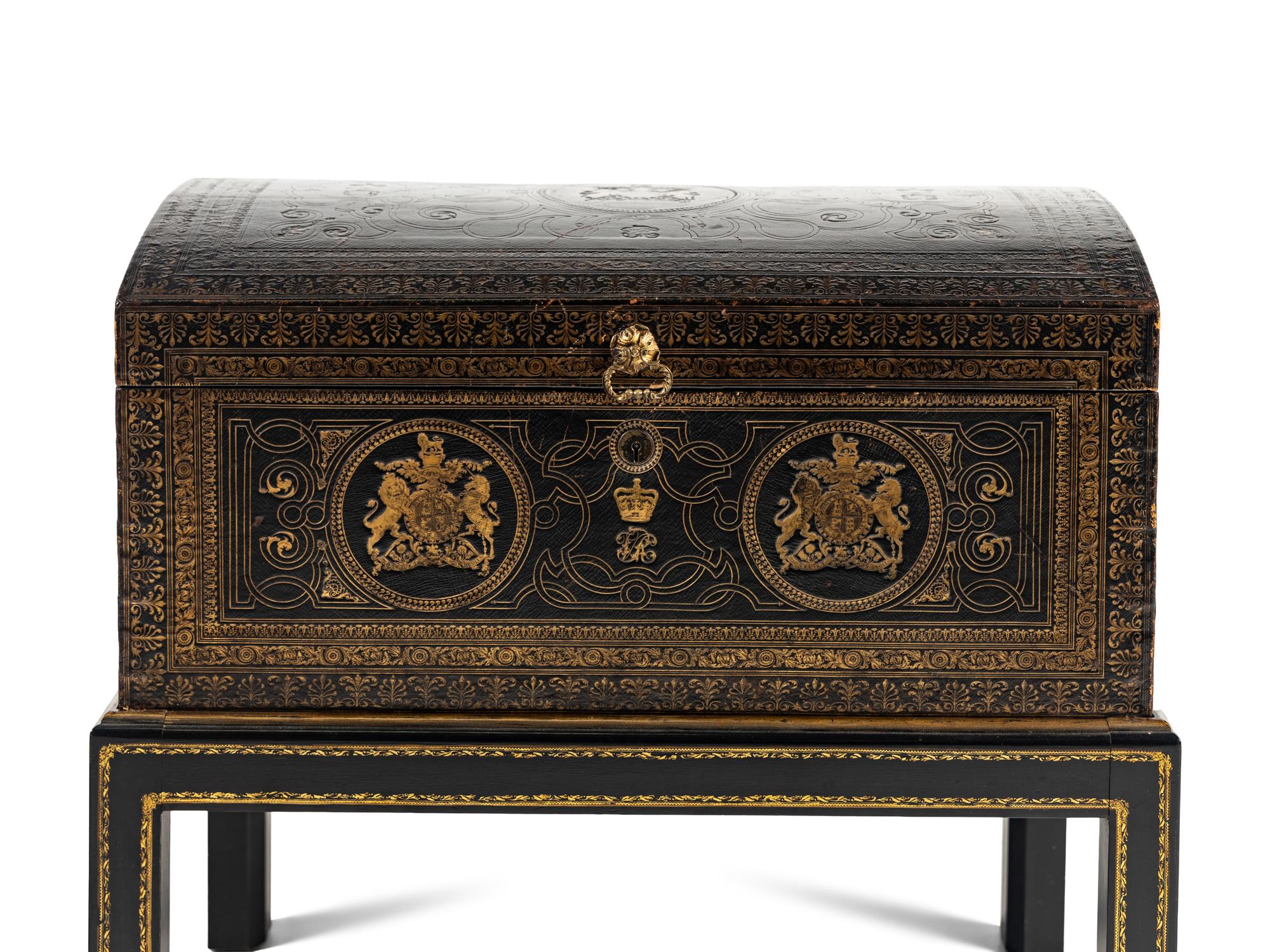 An English Tooled Leather Chest on Stand of Parliamentary Interest