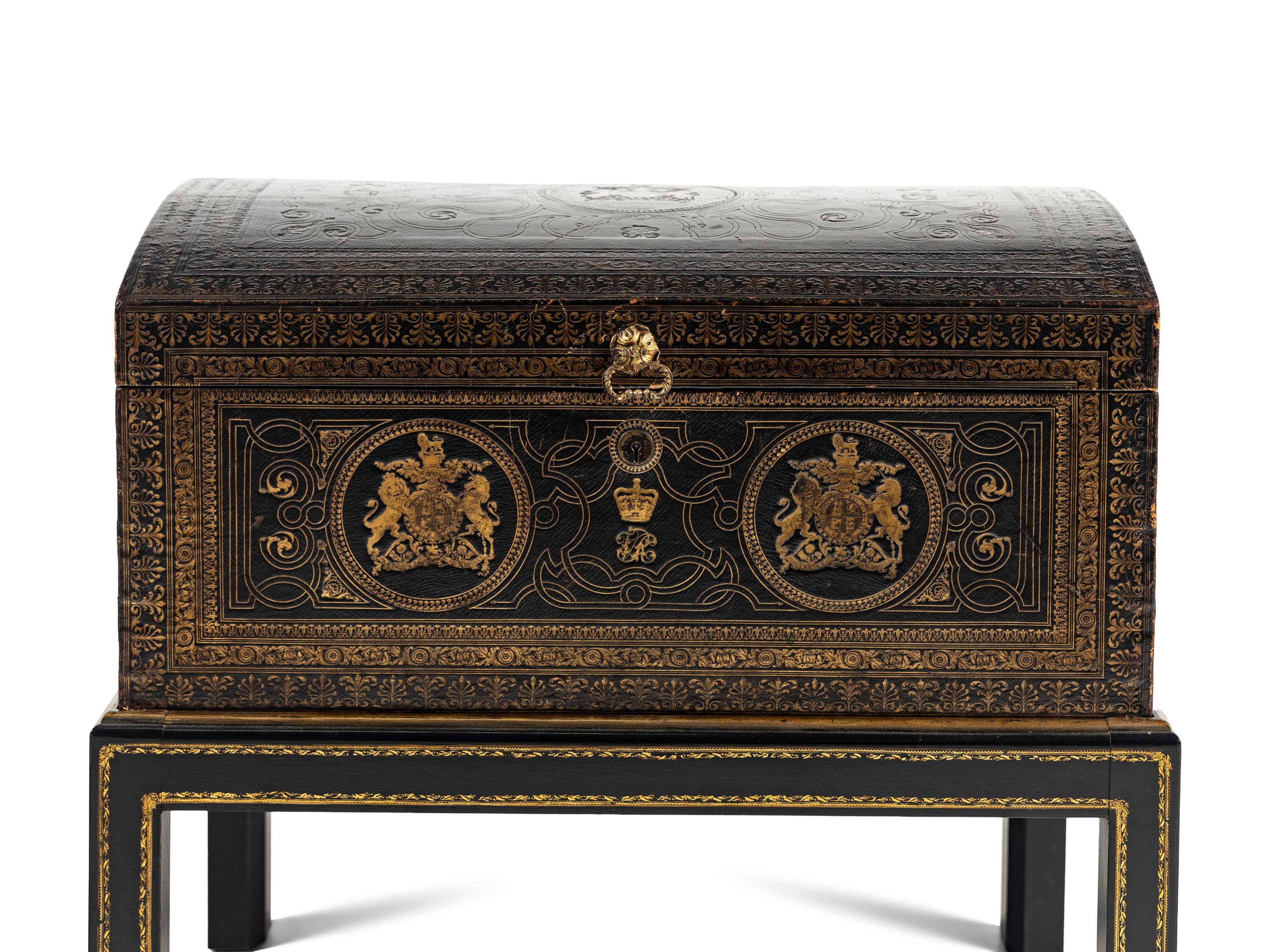 An English Tooled Leather Chest on Stand of Parliamentary Interest