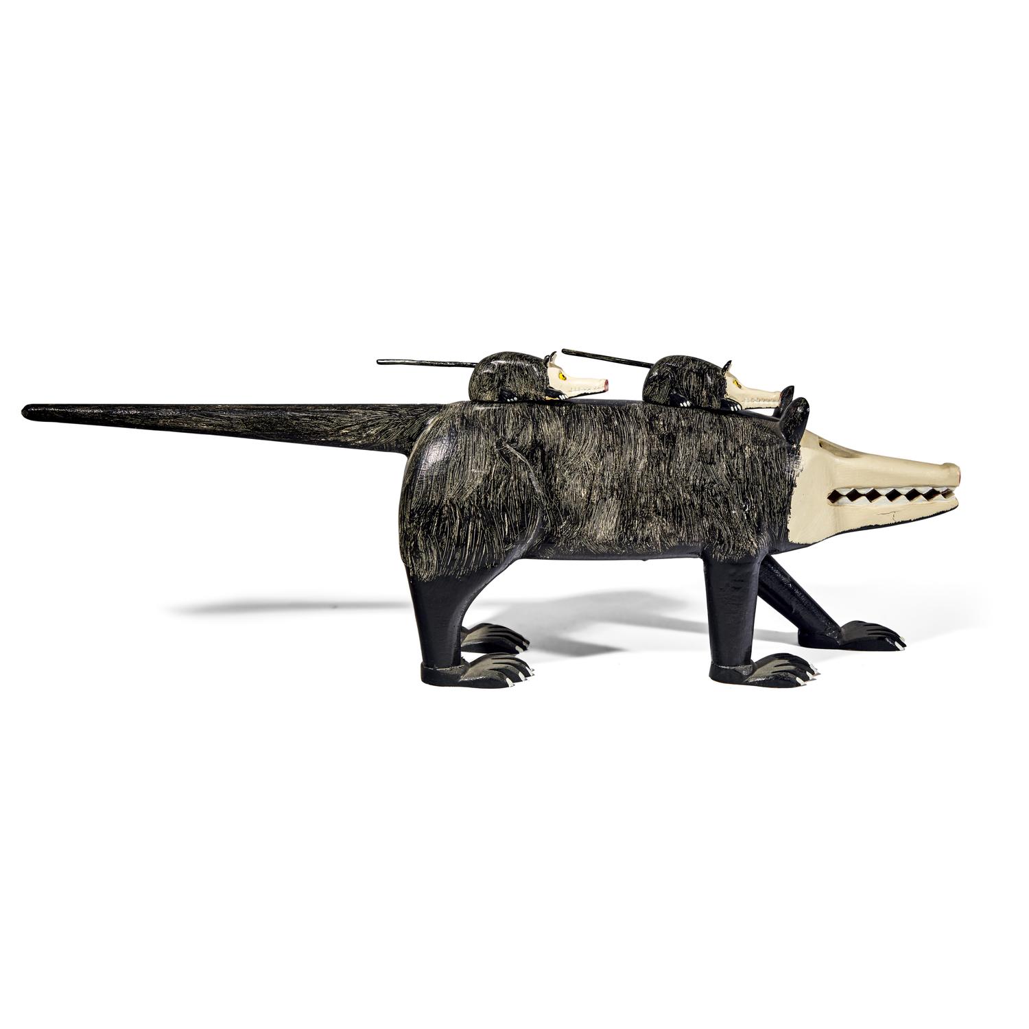 Lonnie & Twyla Money, A Three-Part Carved and Painted Wood Figure: Opossum Mother with Two Babies
