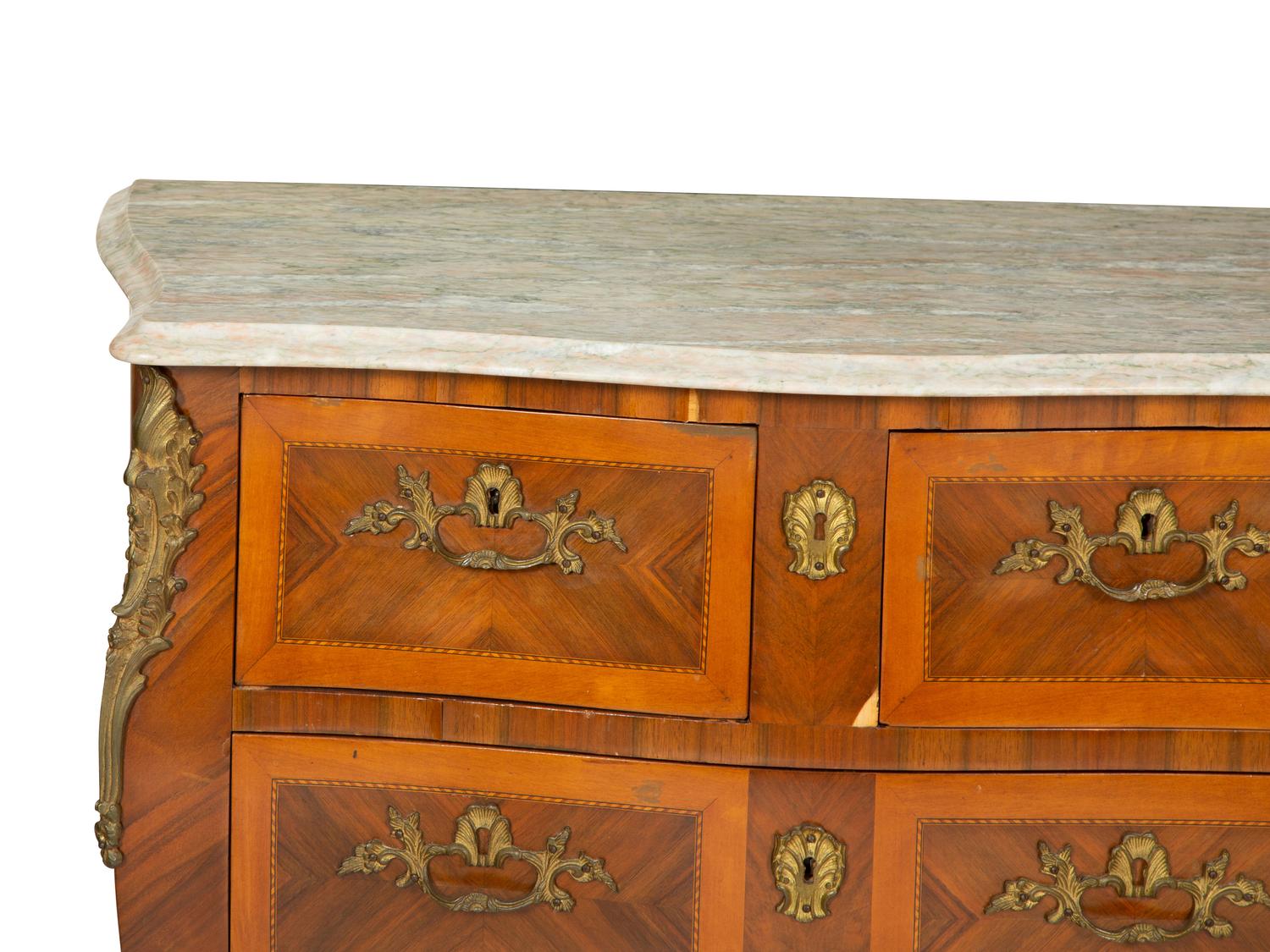 A Pair of Louis XV Style Gilt Metal Mounted Bookmatch Veneered Marble-Top Commodes