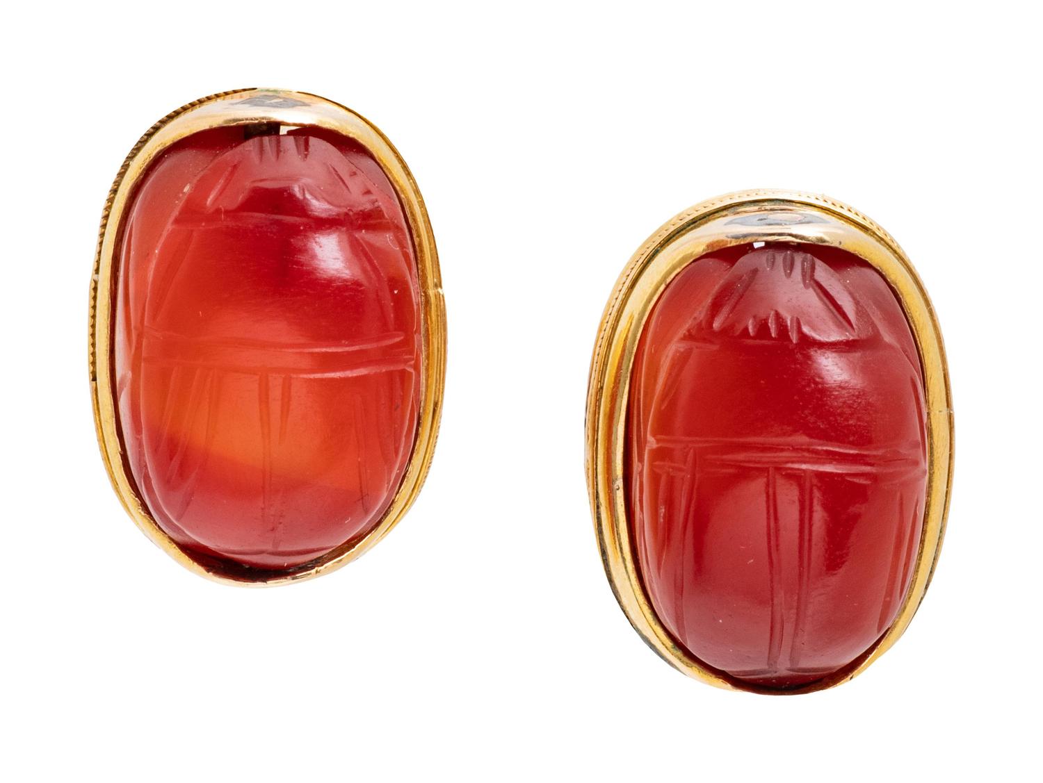 A Pair of Yellow Gold and Carnelian Scarab Earrings,