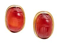 A Pair of Yellow Gold and Carnelian Scarab Earrings,