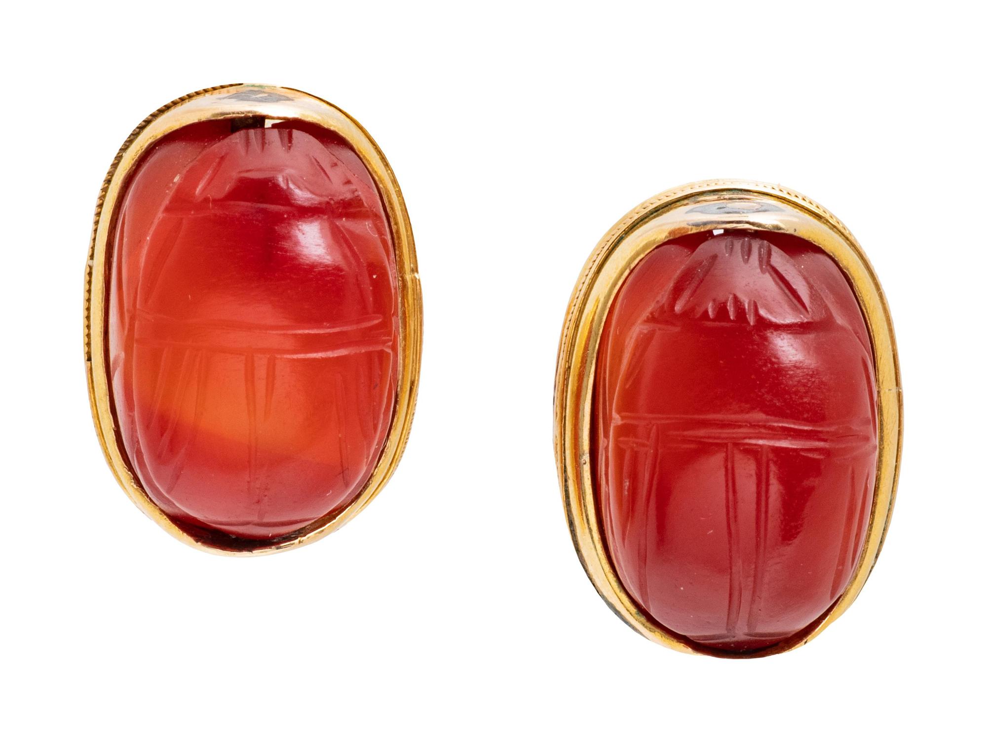 A Pair of Yellow Gold and Carnelian Scarab Earrings,