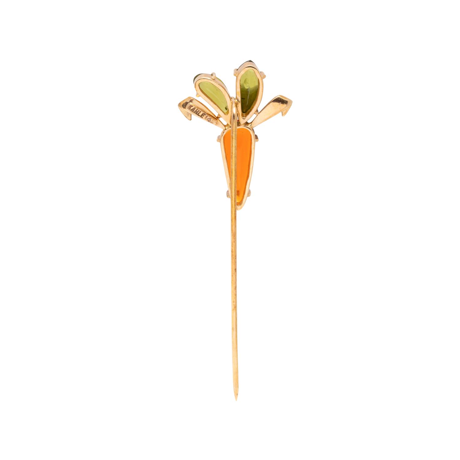 KAHLE, FIRE OPAL AND PERIDOT CARROT STICKPIN
