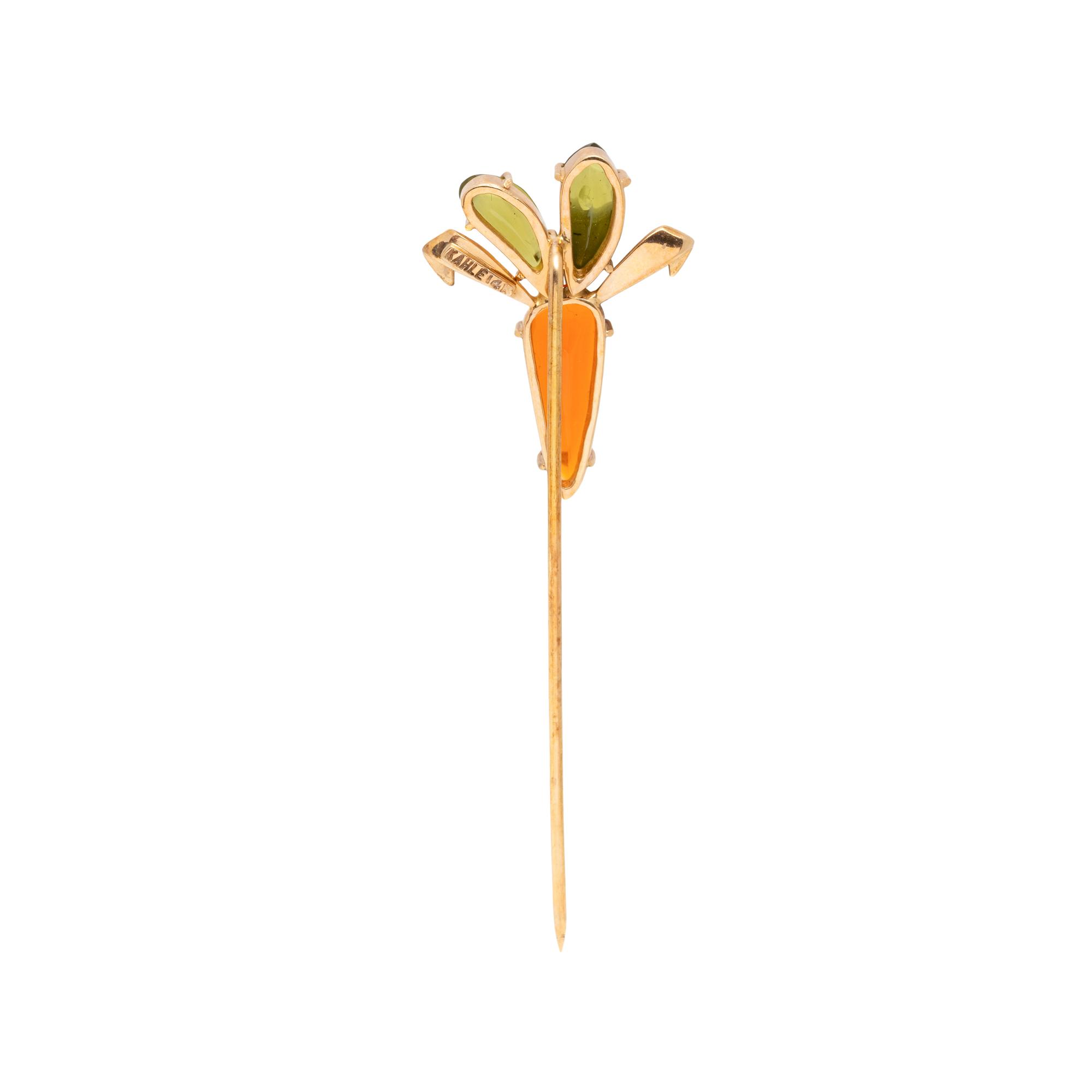 KAHLE, FIRE OPAL AND PERIDOT CARROT STICKPIN