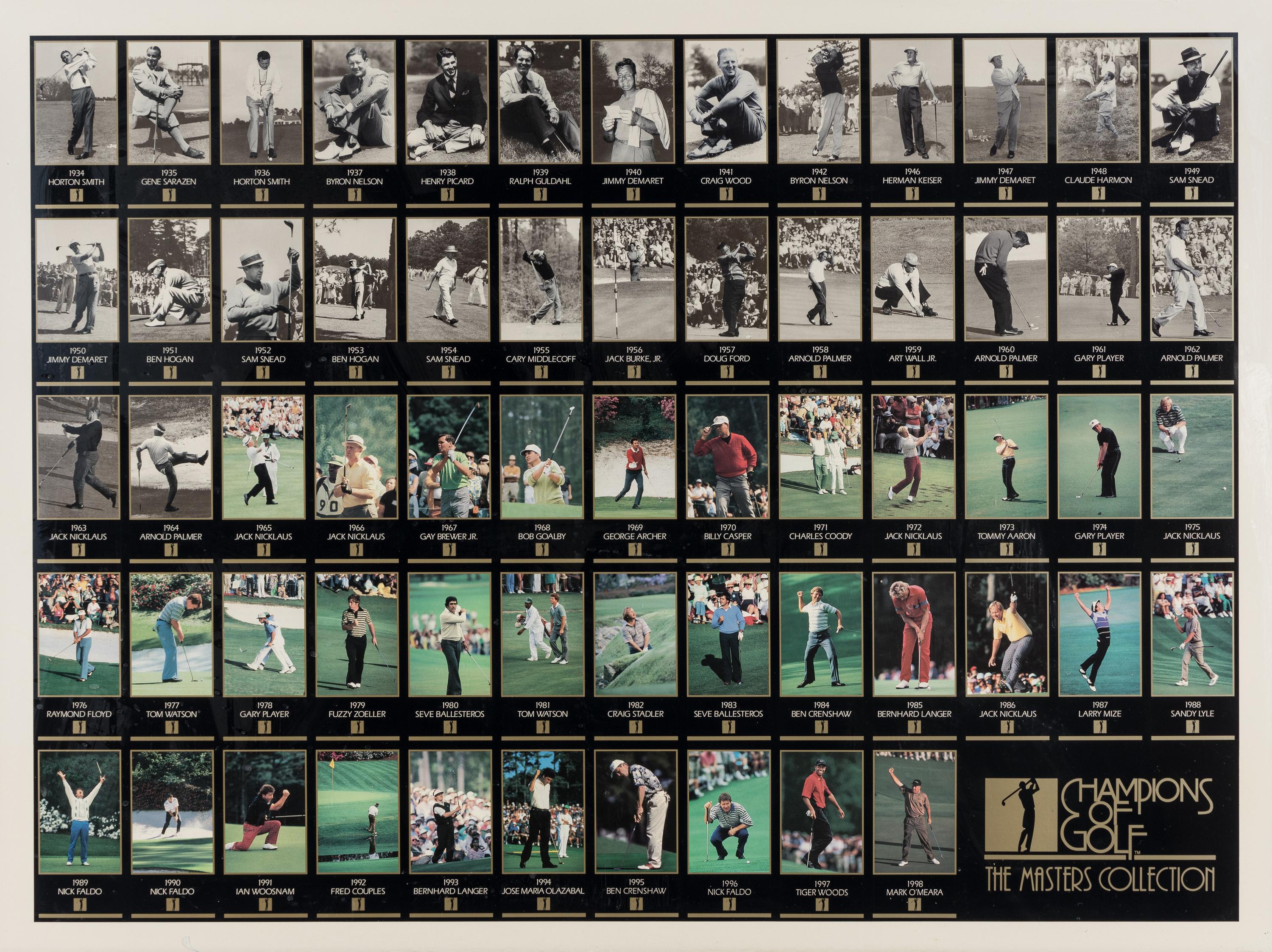 An Uncut Sheet of 1998 Masters Champions of Golf Cards (Tiger Woods Rookie)