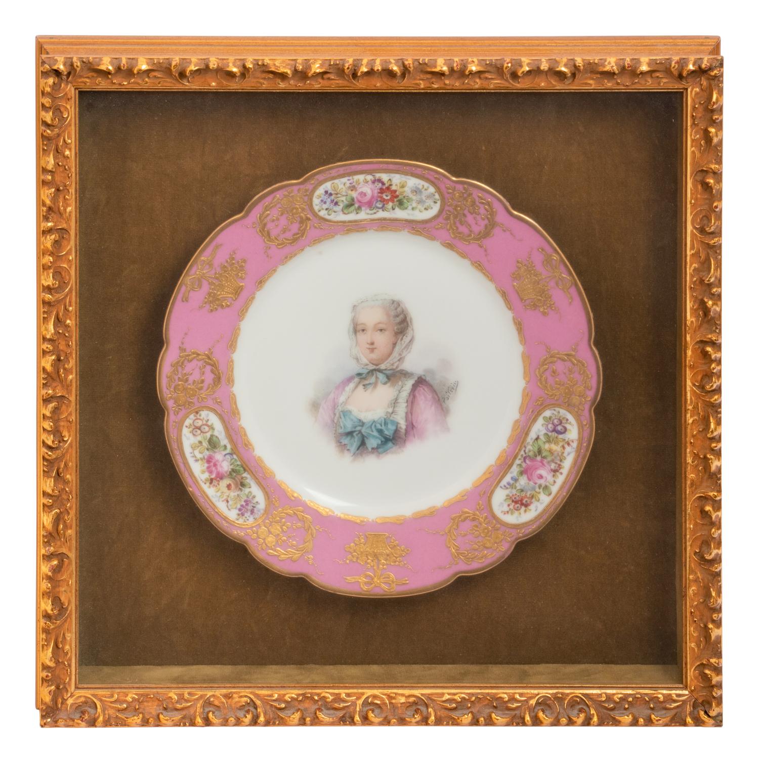 A Group of Seven Framed Sèvres Style Porcelain Plates