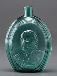 A Benjamin Franklin Portrait Flask in Green Glass by Kensington Glass Works, Philadelphia