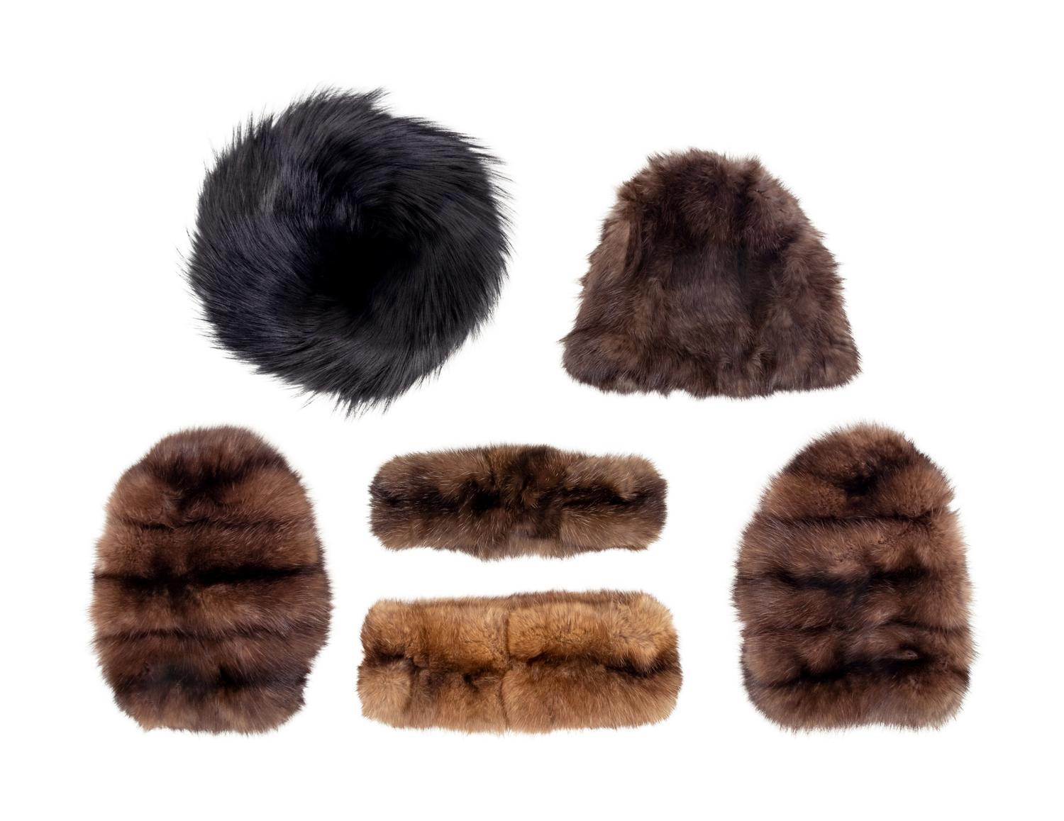 Collection of Six Fur Pieces: Two Hats, Two Headbands, One Pair of Cuffs