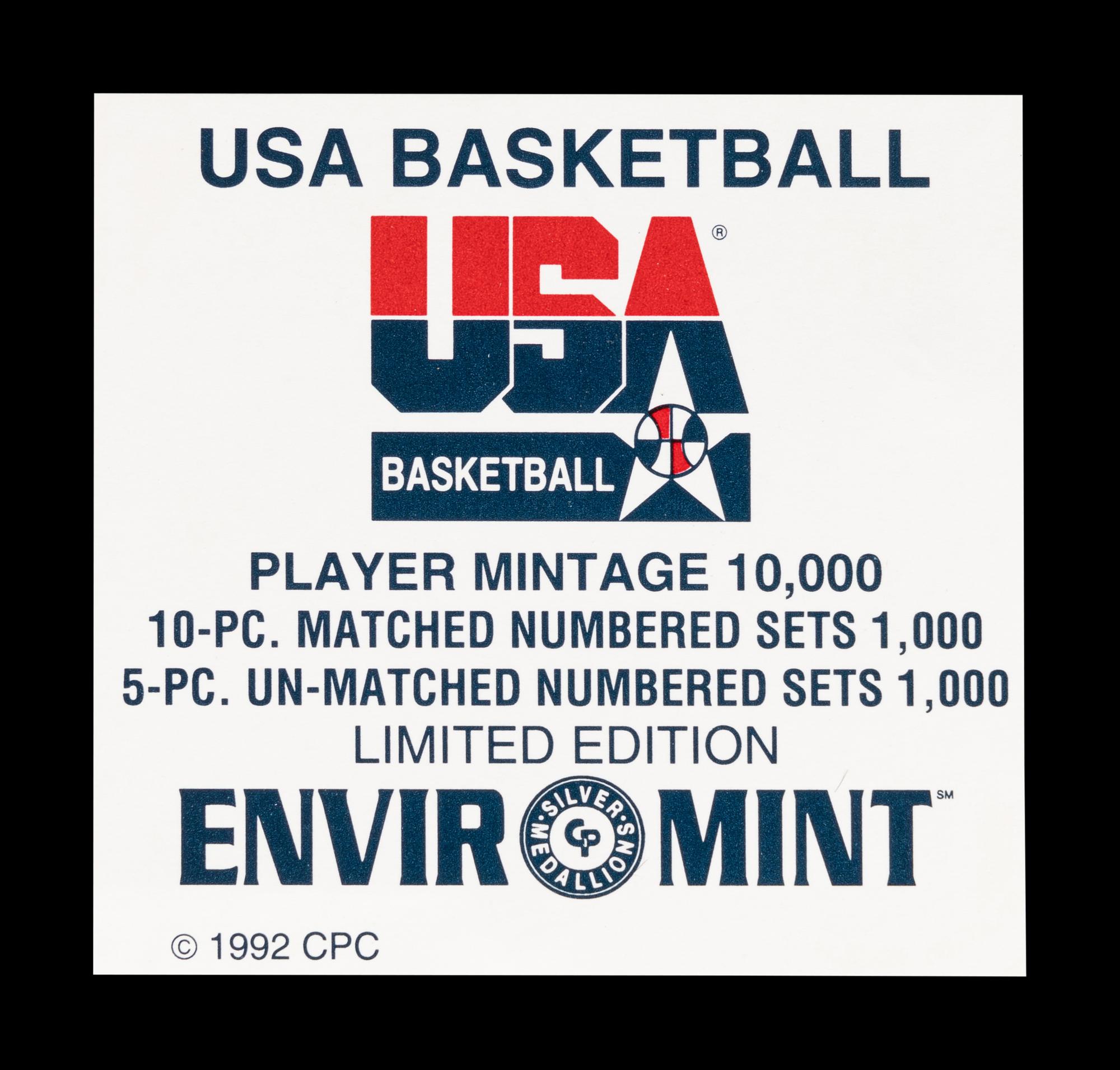 A Matched Number Set of 1992 United States Olympic Basketball Dream Team Silver Coins,