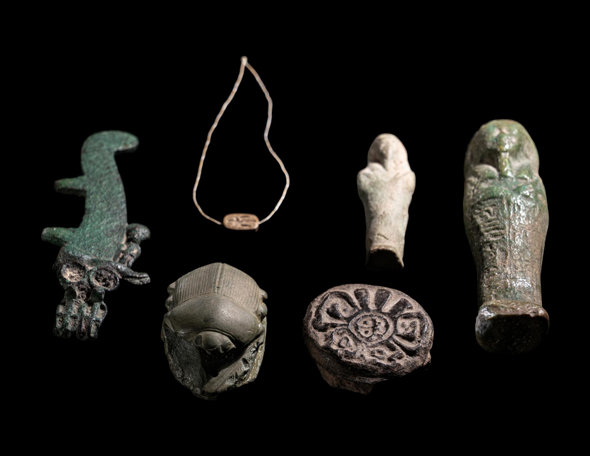 Six Egyptian Faience and Bronze Objects