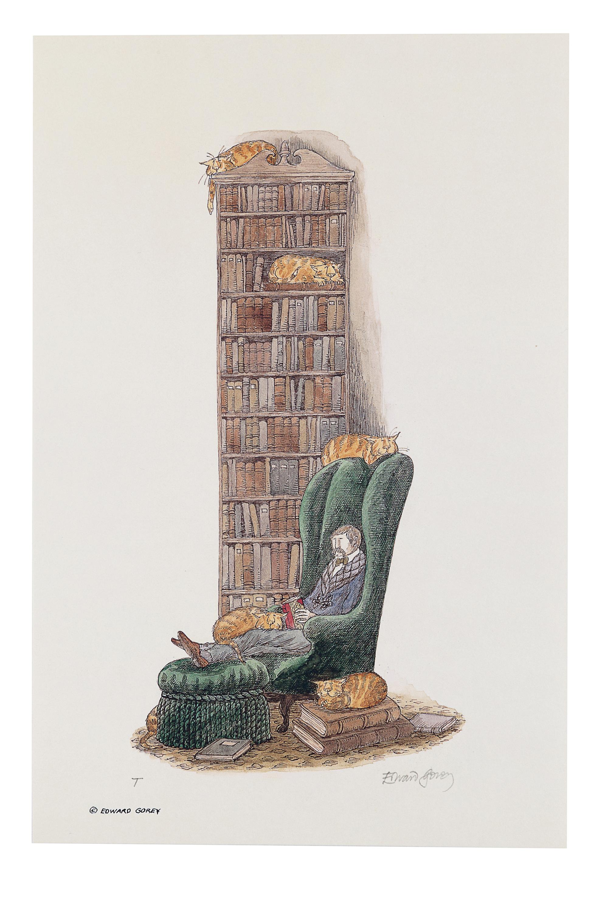 GOREY, Edward (1925-2000). Bibliophile with Cats. [New York: Gotham Book Mart, 1996].