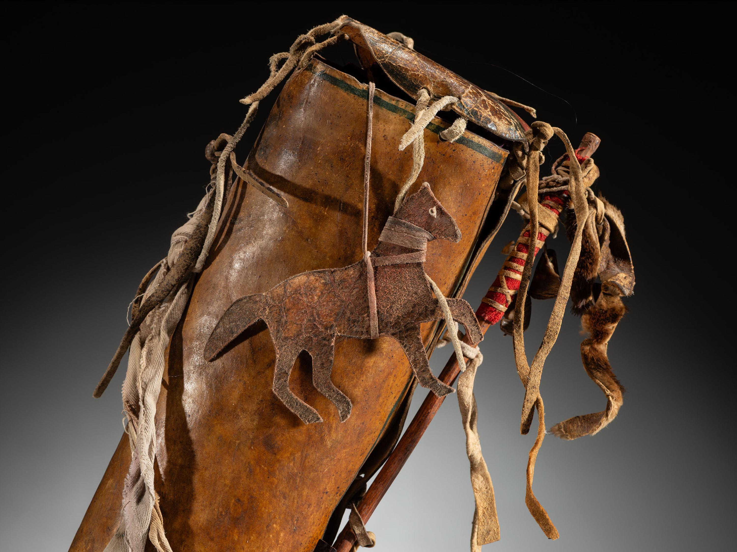 Apsáalooke Painted Parfleche Cylinder, with Horse Charm